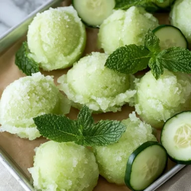 A bowl of refreshing cucumber sorbet garnished with mint leaves.