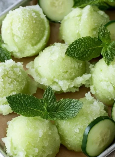 A bowl of refreshing cucumber sorbet garnished with mint leaves.