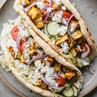 Juicy easy chicken gyros served with fresh veggies and tzatziki sauce.
