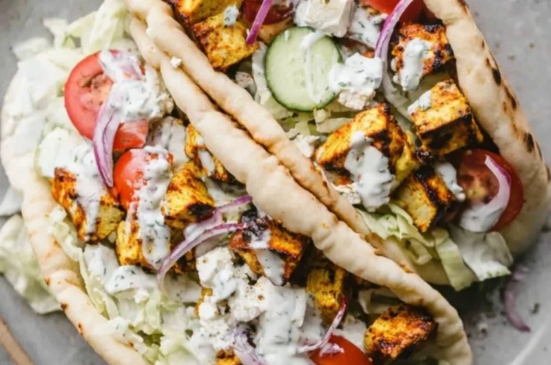 Juicy easy chicken gyros served with fresh veggies and tzatziki sauce.
