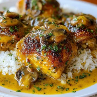 Slow-cooked Crockpot Chicken Thighs with creamy gravy served on a plate.