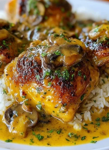 Slow-cooked Crockpot Chicken Thighs with creamy gravy served on a plate.