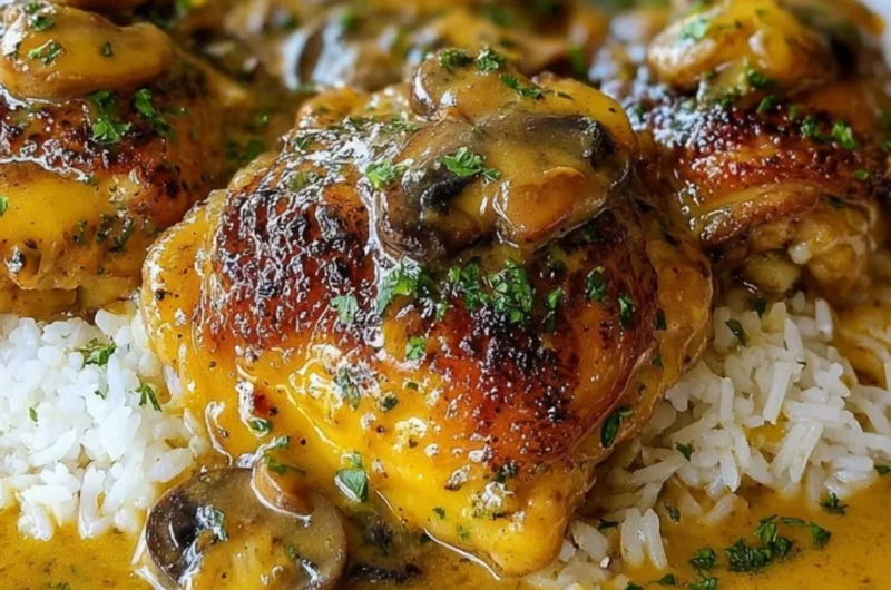 Slow-cooked Crockpot Chicken Thighs with creamy gravy served on a plate.