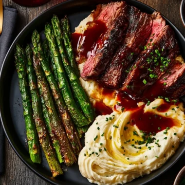 Delicious gourmet steak served with mashed potatoes and asparagus on a plate.