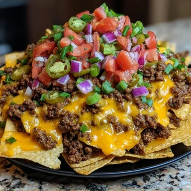 Epic Beef Nachos Supreme topped with cheese, guacamole, and jalapeños