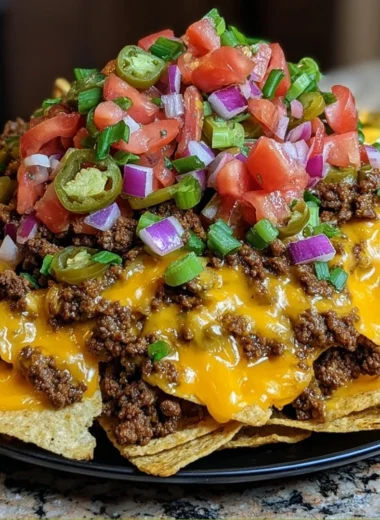 Epic Beef Nachos Supreme topped with cheese, guacamole, and jalapeños