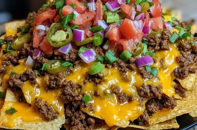 Epic Beef Nachos Supreme topped with cheese, guacamole, and jalapeños