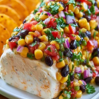Fiesta Cowboy Caviar Cheese Log on a platter, garnished with fresh herbs.