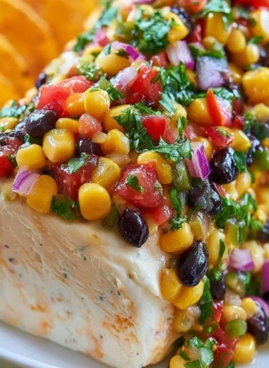 Fiesta Cowboy Caviar Cheese Log on a platter, garnished with fresh herbs.