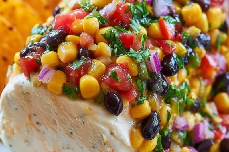 Fiesta Cowboy Caviar Cheese Log on a platter, garnished with fresh herbs.