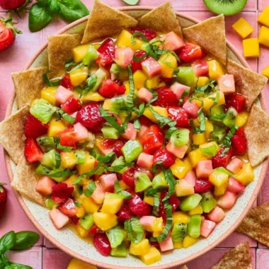 Fresh fruit salsa served with cinnamon sugar chips on a colorful plate.