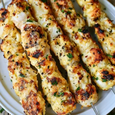 Garlic Parmesan Chicken Kebabs ready for grilling on a platter.