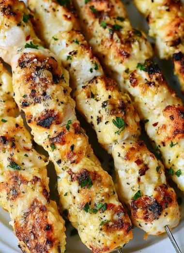 Garlic Parmesan Chicken Kebabs ready for grilling on a platter.
