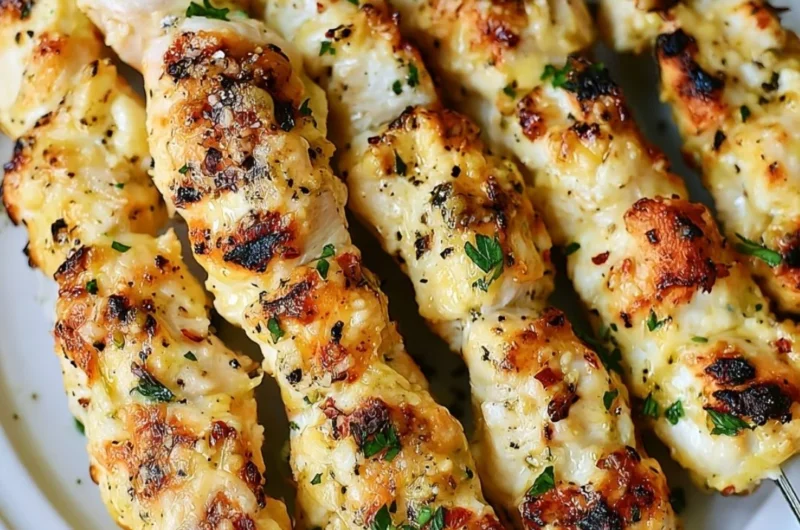 Garlic Parmesan Chicken Kebabs ready for grilling on a platter.