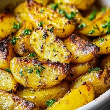 Delicious Greek Lemon Potatoes garnished with herbs and lemon wedges.