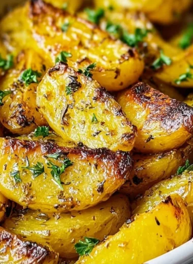 Delicious Greek Lemon Potatoes garnished with herbs and lemon wedges.