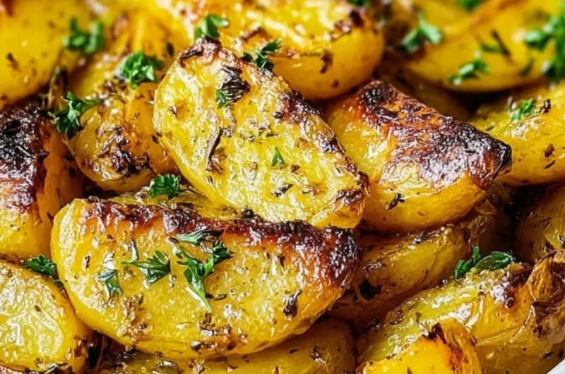 Delicious Greek Lemon Potatoes garnished with herbs and lemon wedges.