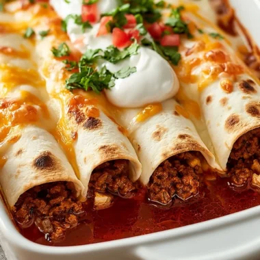 Delicious ground beef enchiladas topped with cheese and sauce