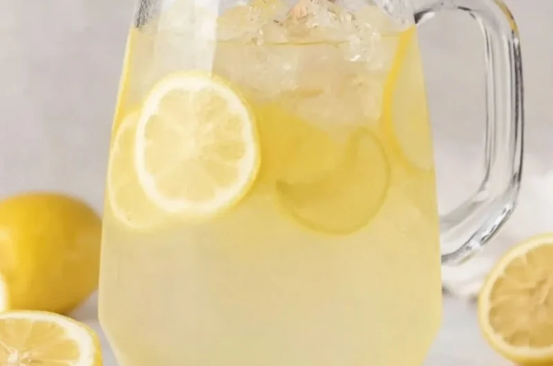 A glass of homemade lemonade with fresh lemons and mint leaves.