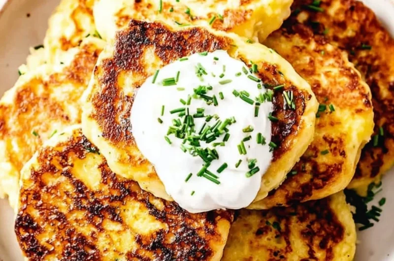 Golden-brown leftover mashed potato cakes served with dipping sauce