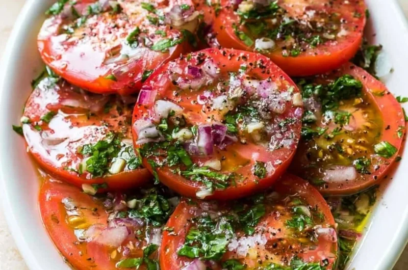Plate of flavorful marinated tomatoes with herbs and spices.