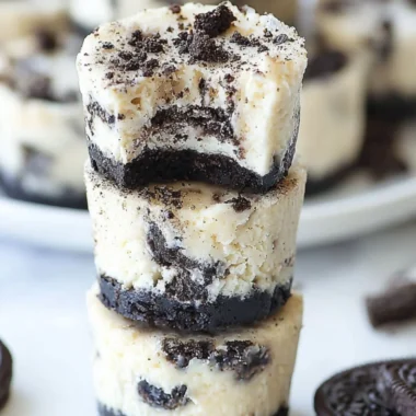 Mini Oreo Cheesecakes topped with crushed Oreos on a cookie crust.