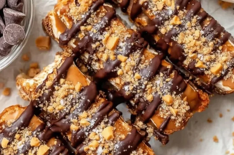 Healthy frozen banana snickers treat with chocolate and peanut butter layers