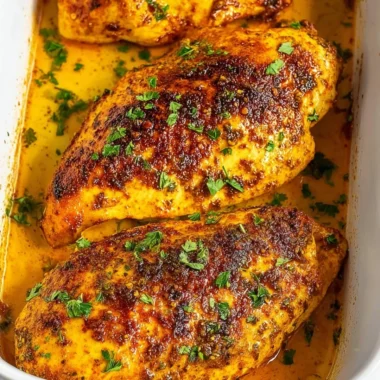 Juicy and seasoned oven baked chicken breast served on a plate.