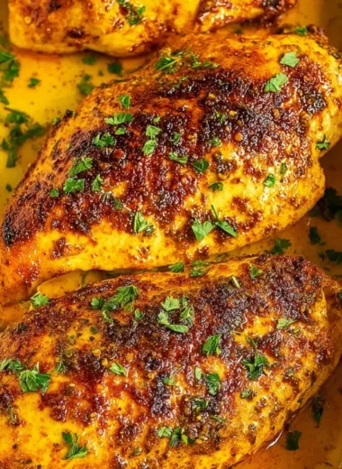 Juicy and seasoned oven baked chicken breast served on a plate.