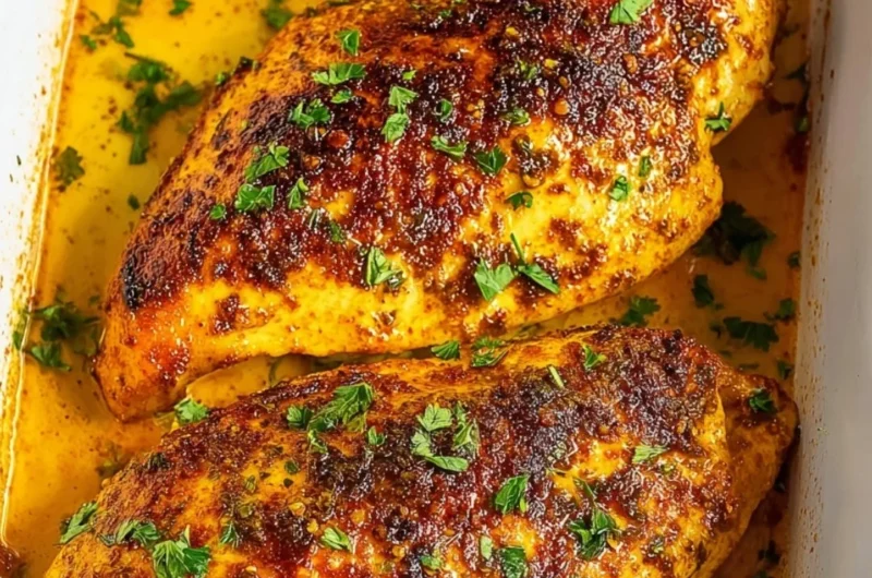 Juicy and seasoned oven baked chicken breast served on a plate.