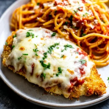 Oven baked chicken parmesan topped with melted cheese and marinara sauce