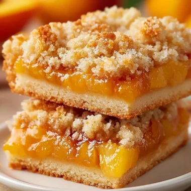 Delicious Peach Crumb Bars with a golden crumb topping and fresh peach filling