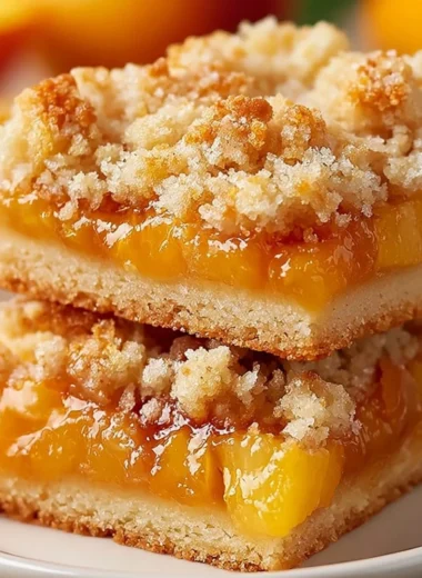 Delicious Peach Crumb Bars with a golden crumb topping and fresh peach filling