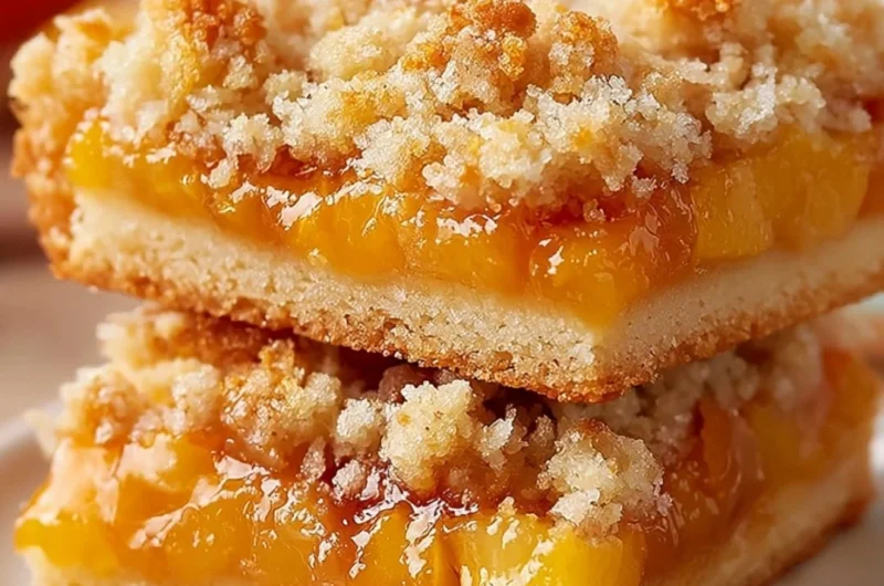 Delicious Peach Crumb Bars with a golden crumb topping and fresh peach filling