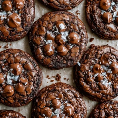 Delicious salted brownie cookies on a plate with chocolate drizzles