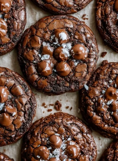 Delicious salted brownie cookies on a plate with chocolate drizzles