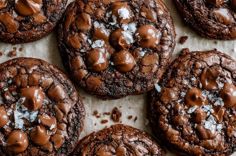 Delicious salted brownie cookies on a plate with chocolate drizzles