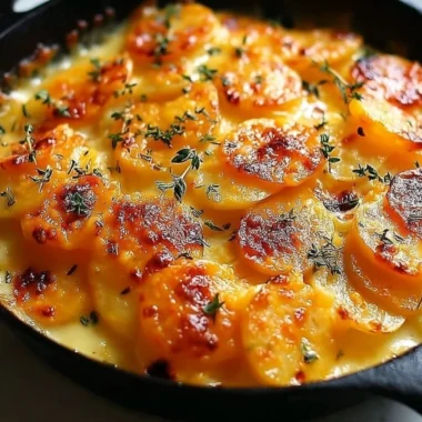 Delicious scalloped potatoes topped with crispy cheese and herbs
