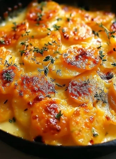 Delicious scalloped potatoes topped with crispy cheese and herbs