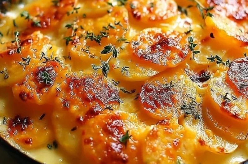 Delicious scalloped potatoes topped with crispy cheese and herbs