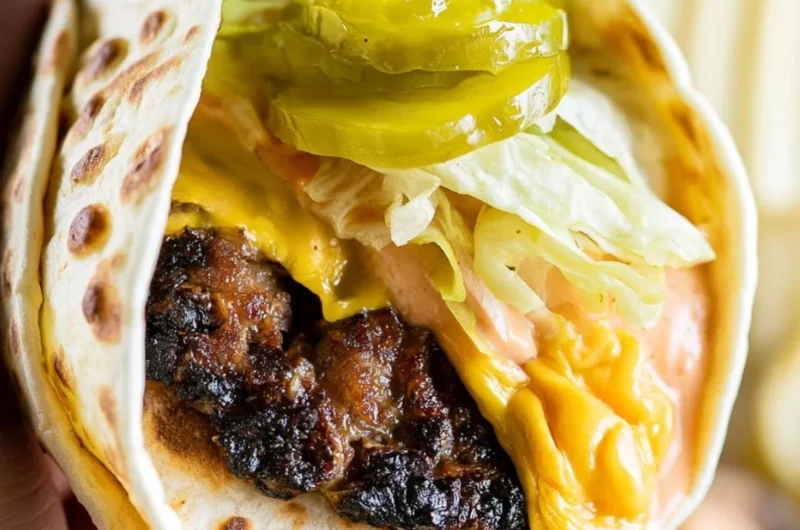 Smash Burger Taco topped with flavorful burger sauce and fresh toppings