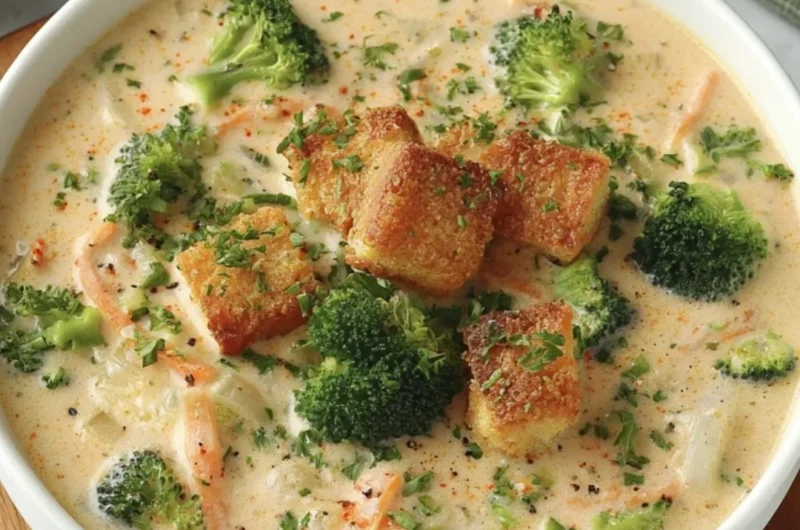 Creamy Smoked Gouda Broccoli Soup in a bowl, garnished with fresh herbs.