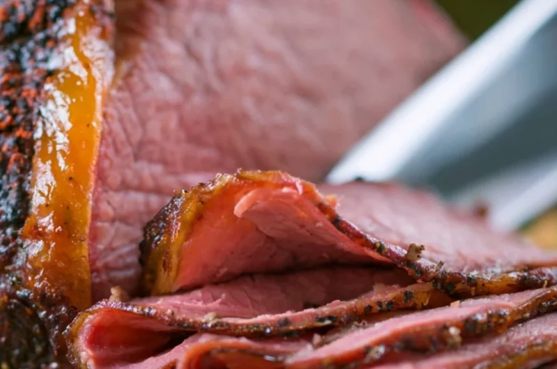 Deliciously smoked roast beef served on a wooden cutting board.