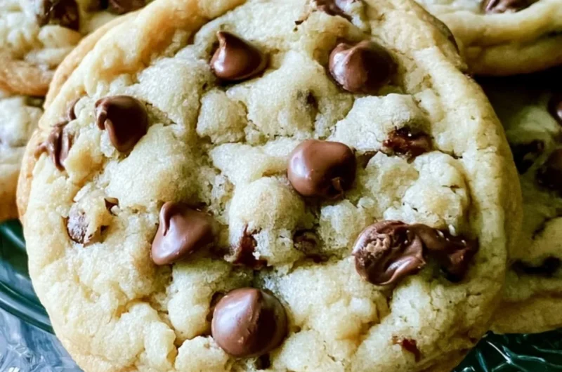 Soft batch chocolate chip cookies with melted chocolate chips on a baking sheet