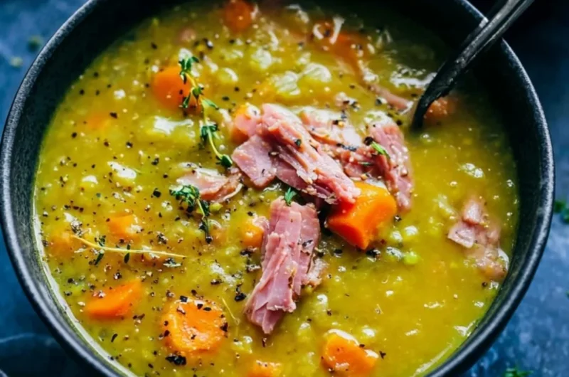 Bowl of homemade Split Pea Soup garnished with herbs and served with bread.
