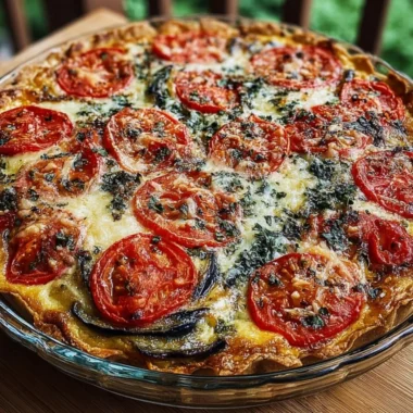 Delicious summer Tomato and Eggplant Pie with fresh vegetables.