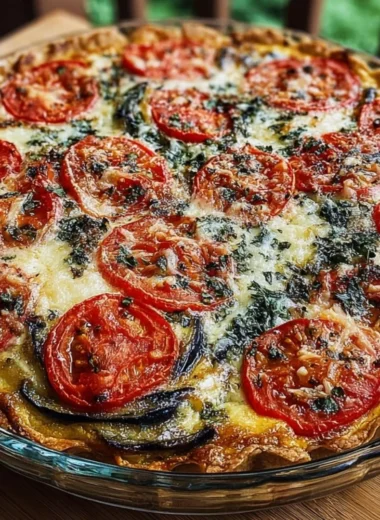 Delicious summer Tomato and Eggplant Pie with fresh vegetables.