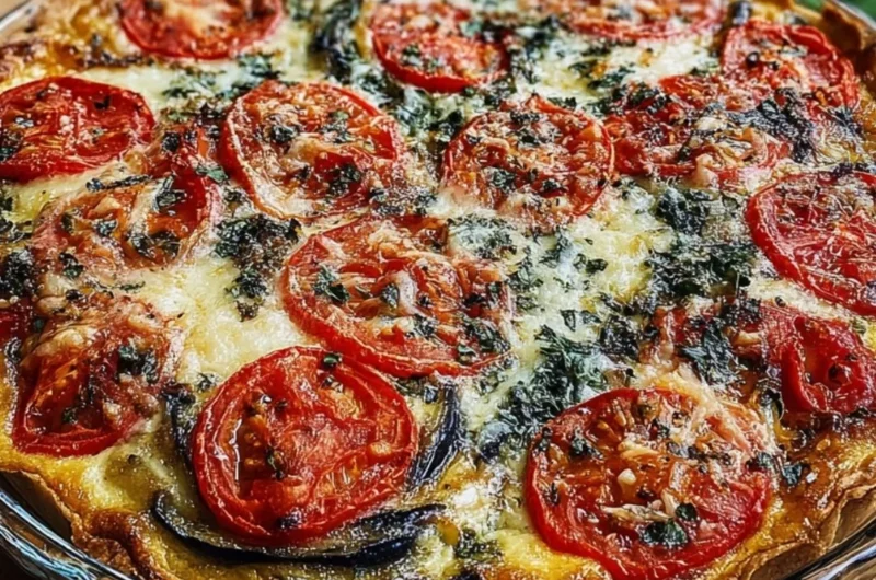 Delicious summer Tomato and Eggplant Pie with fresh vegetables.