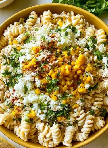 Delicious elote pasta salad with Greek yogurt served in a bowl