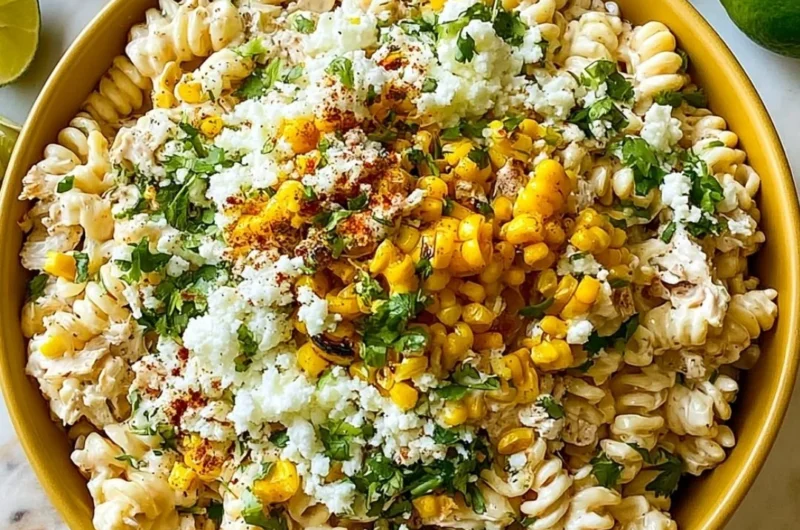 Delicious elote pasta salad with Greek yogurt served in a bowl